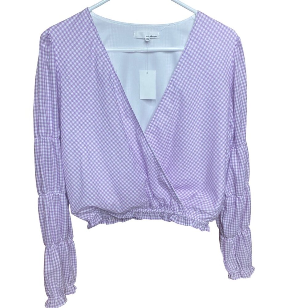 NWT$34.99 June & Hudson Long-Sleeve Wrap Blouse Size M Gingham Stretch‎ Spring